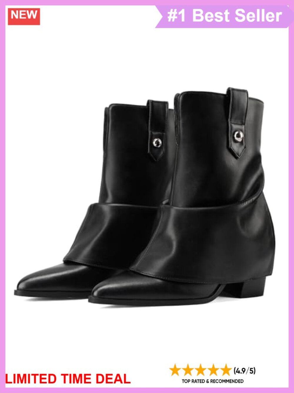 Faux Leather Pointed Toe Fold-Over Ankle Booties Chunky Block Heel Slip-On